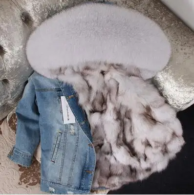 fox fur lined Джинсовая куртка с натуральным лисьим мехом, зимняя куртка, длинная, стильная, из енота, с большим меховым воротником, с капюшоном, женское теплое зимнее пальто, верхняя одежда, парки - Цвет: fox fur lined