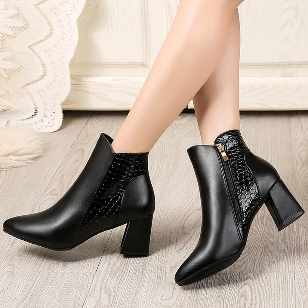 

Pacthwork Winter Boots Women Platform Zipper Ankle Boots For Women Elegant High Heel Female Boots Pointed Toe Botines Mujer 2019