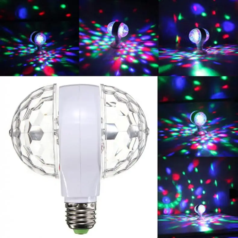 

6W E27 110v 220v Colorful Auto Rotating RGB Crystal Stage Light Magic Double Ball DJ Party Sisco Effect Bulb Lamp for Party Home