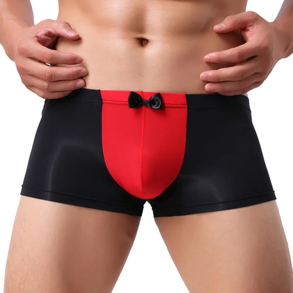 

new gentleman Men Underwear Sexy bow-knot Knickers Boxer Patchwork Shorts Bulge Pouch Silk funny Underpants cueca masculina 2019