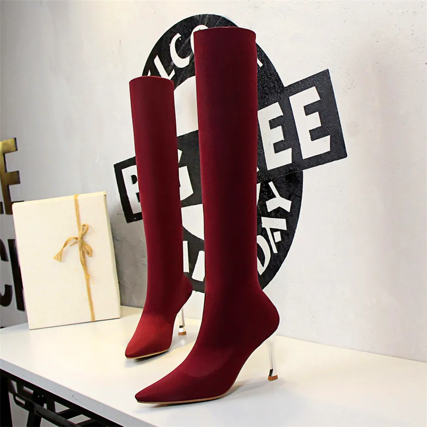 

2020 Fashion Runway Stretch Fabric Sock Boots Pointed Toe Over-the-Knee Thigh High Boots Woman Metal Thin Heels Long Boots 8CM