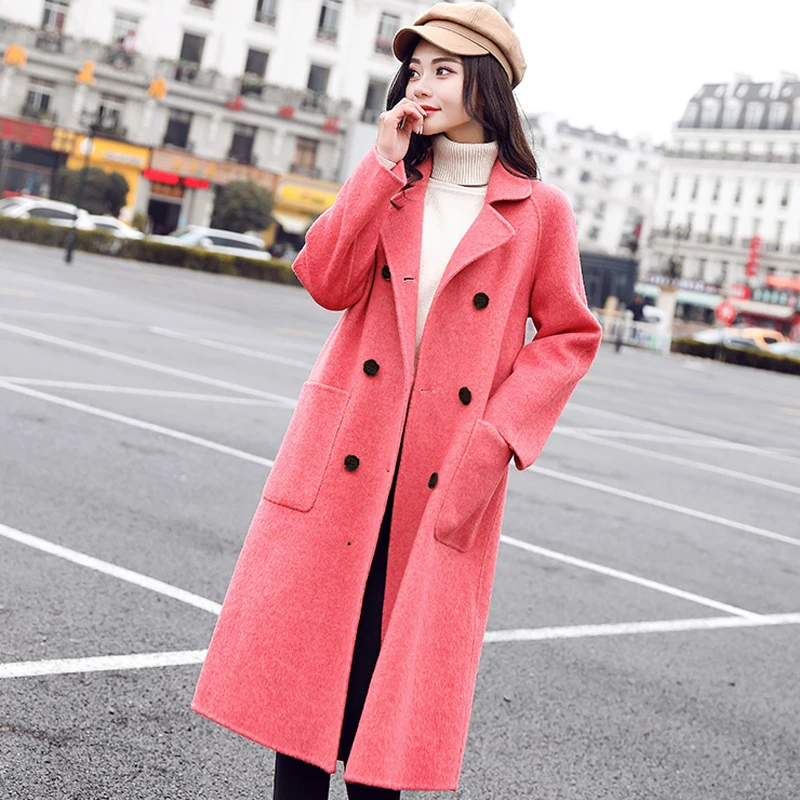 

Elegant Autumn Winter Women Long Woolen Coat Casual Warm Wool Blends Overcoat Fashion Solid Double Breasted Cashmere Coats