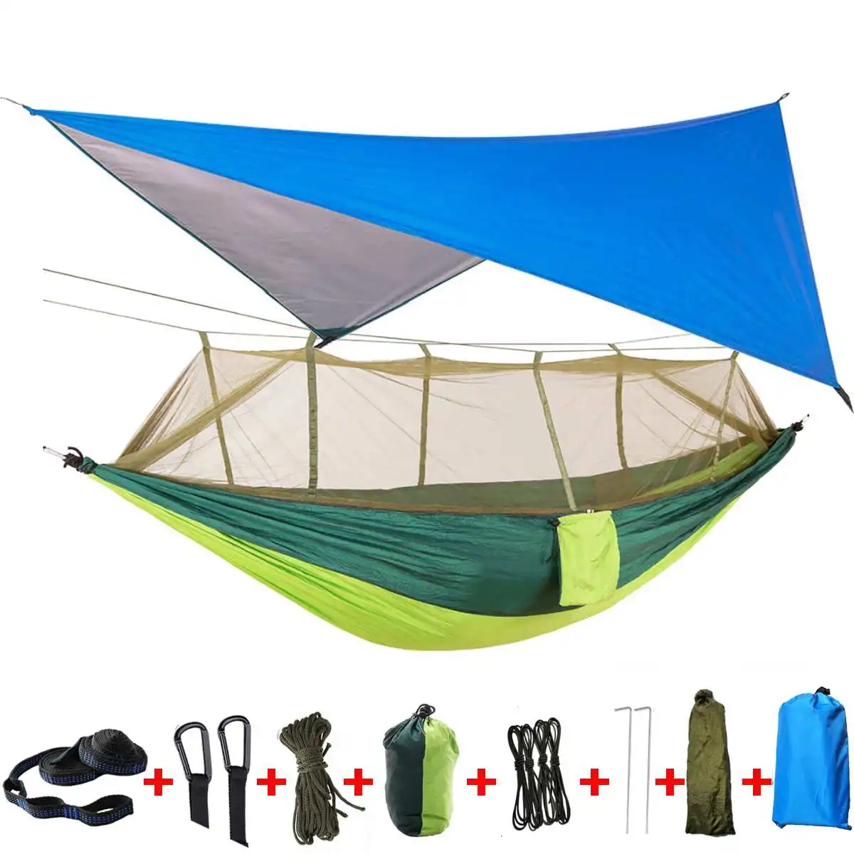 blue light green Наружный походный гамак с дождевой летающей защитой от солнца брезент Водонепроницаемая тентовая тень тент навес и москитная сетка - Цвет: blue light green