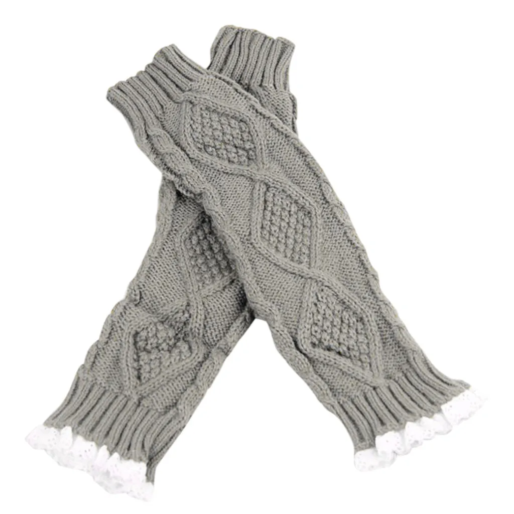 Женские зимние перчатки, вязанный выемчатый лист, кружева, сохраняющие тепло, перчатки без пальцев, перчатки для ерчатки, женские перчатки Wd3 - Цвет: D