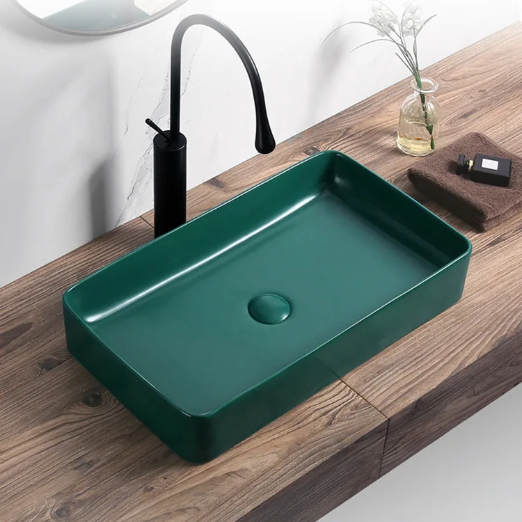 

One-piece ceramic washbasin, matte green washbasin, balcony bathroom square ceramic above counter basin washbasin