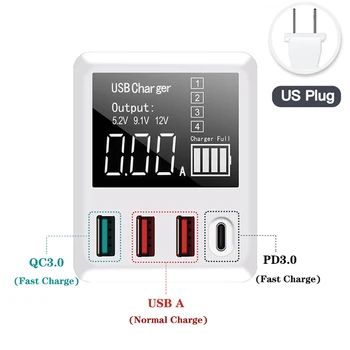 

QC3.0 Fast Charging Travel Wall Charger Type C USB Charger 4 Ports Smartphones Adapter 40W LED Display for iPhone Samsung