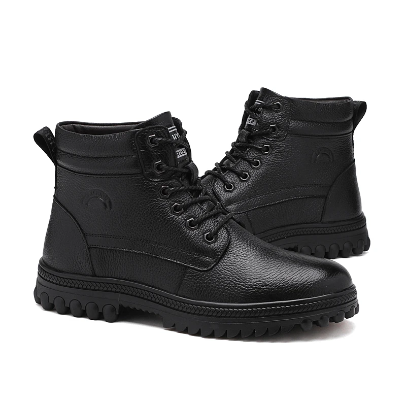 

Black Warm Winter Men Boots Genuine Leather Ankle Boots Men Winter Work Shoes Men Military Fur Snow Boots for Men Botas %11901