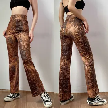

imcute New Fashion Women Elastic High Waist Straight Wide Leg Pant Sexy Crocodile Print Trousers Casual Trousers