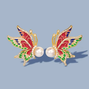 925 Sterling Silver Earrings Exquisite Butterfly Earrings Inlaid Pearl Zircon Jewelry Handmade Enamel Women's Party Accessories