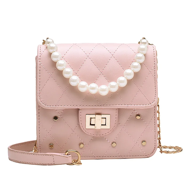 Маленькая Бриллиантовая цепочка украшение в виде жемчужины женская сумка из искусственной кожи маленькая квадратная сумка модная сумка через плечо - Цвет: Розовый
