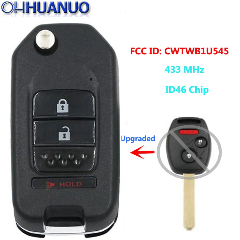 Replacemen New Upgraded Flip Remote Car Key Fob 2+1 Button 433MHz ID46 Chip for Honda Pilot 2005-2008 FCC ID: CWTWB1U545 | Автомобили и