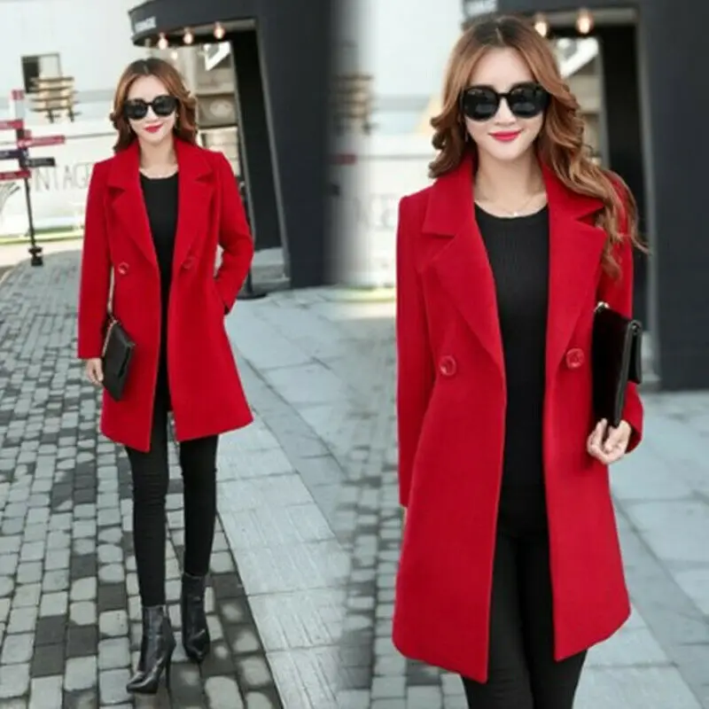 Korean Women long slim windbreaker Woolen overcoat outwear coat jacket ...