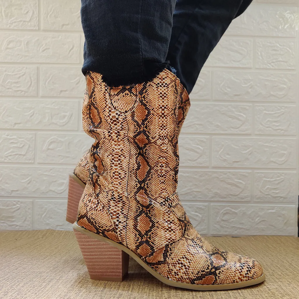 PU Leather Snake Grain Boots Round Toe Slip-On Square Heels wild vintage Women Boots British Style Round chunk heels shoes lady