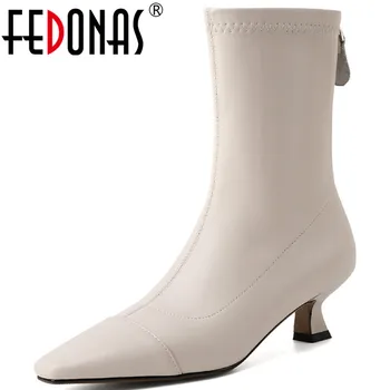 

FEDONAS Elegant Chelsea Boots Back Zipper High Heels Boots Boots Genuine Leather Shoes Woman Heels Wedding Party Ankle Boots