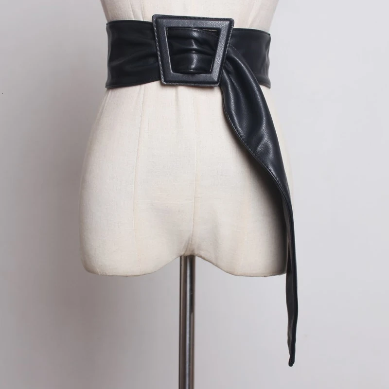 [EAM] New Spring Summer Pu Leather green Black Big Buckle Personality Long Wide Belt Women Fashion Tide All-match JY325