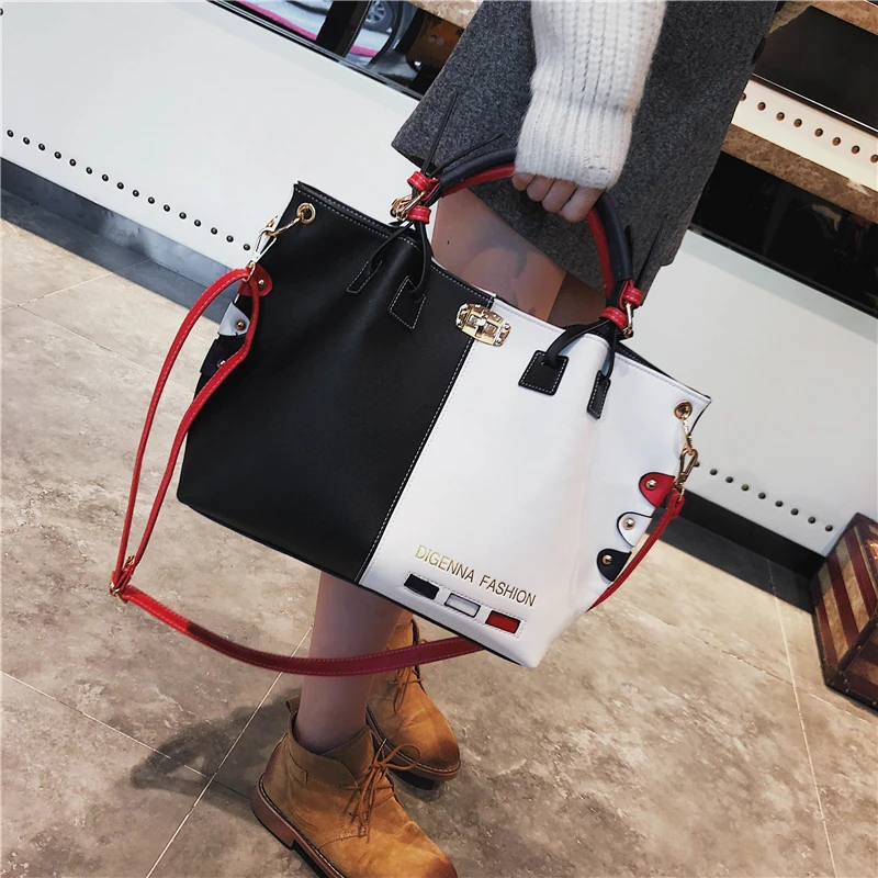 Сумки для женщин Новая модная кожаная сумка с панелями Большая вместительная сумка на плечо Женская Высококачественная сумка через плечо сумка-тоут красного цвета