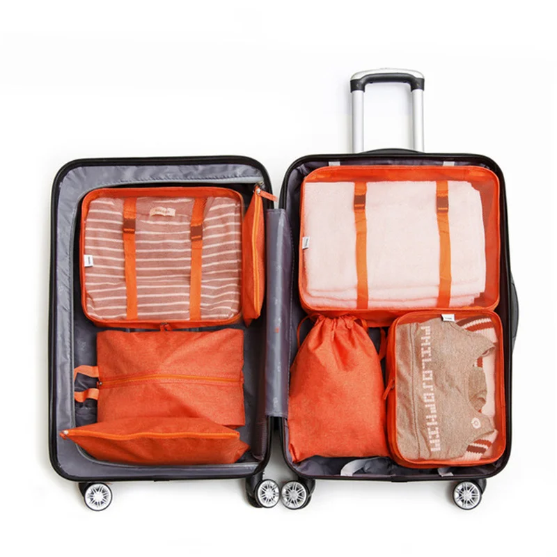 7pcs Orange 7 шт./компл. Нейлон дорожная сумка-Органайзер сумка из водонепроницаемого материала для мужчин с цветочным принтом; 6 шт./компл. кубики органайзеры для женщин хранения Чемодан сумка - Цвет: 7pcs Orange