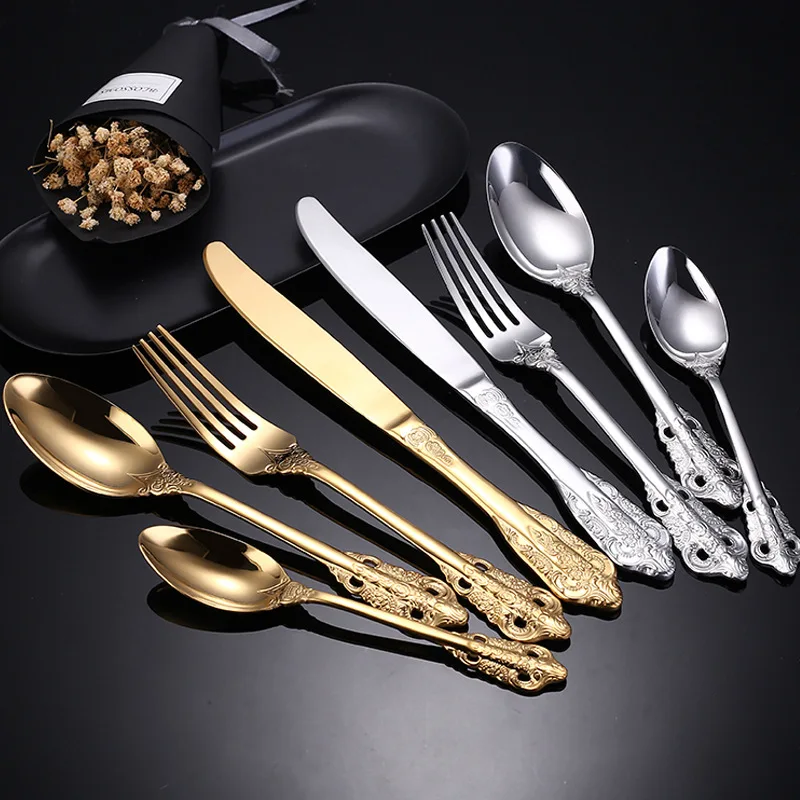US $58.68 24pcs Gold Cutlery Set 304 Stainless Steel Dinnerware Set Tableware Dinner Knife Fork Spoon Silverware Dishwasher Safe