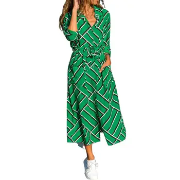 

2020 Women Long Sleeve Stripes Print Pockets Waist Down Maxi Shirt Dress Stripes Print Pockets Waist Down Maxi Women Dress