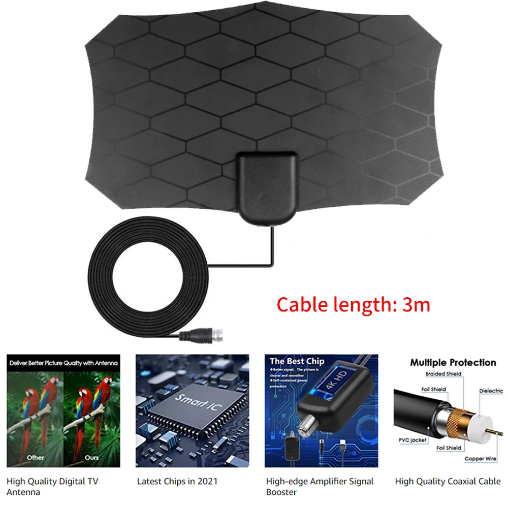 Антенна для цифрового телевидения Kebidumei Flat 8K/4K HD с усилителем TV VHF UHF антенна 180