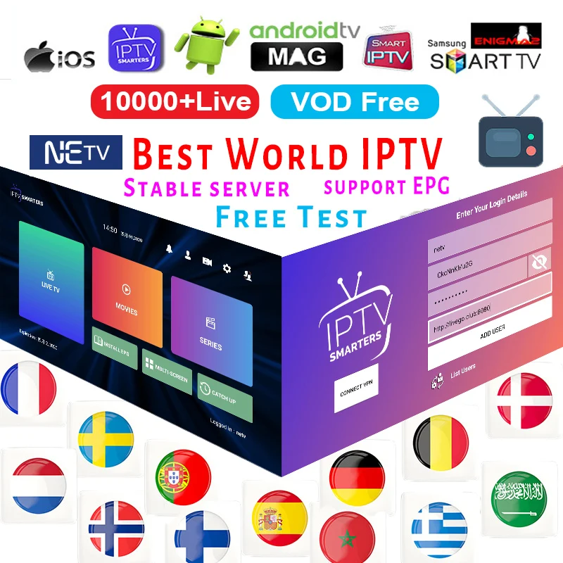 

IPTV France Sweden Danmark Switzerland M3U Subscription 1 Year IPTV Spain Finland Grecee Norway Andriod Smart Tv Germany IP TV