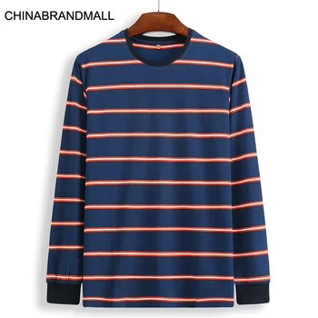 

Autumn Men Plus Fat Plus Size Leisure Round Neck Stripes Printing Long Sleeve T Shirt Male Backing Shirt