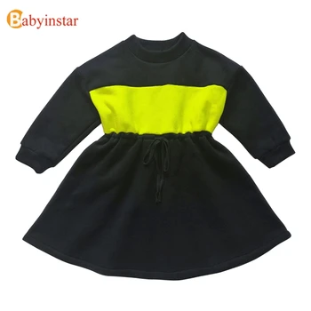 

Babyinstar New Fluorescent Green Patchwork Plus Velvet Long Sleeve Baby Dresses For Girls Child Dress Kid Clothes For Girls