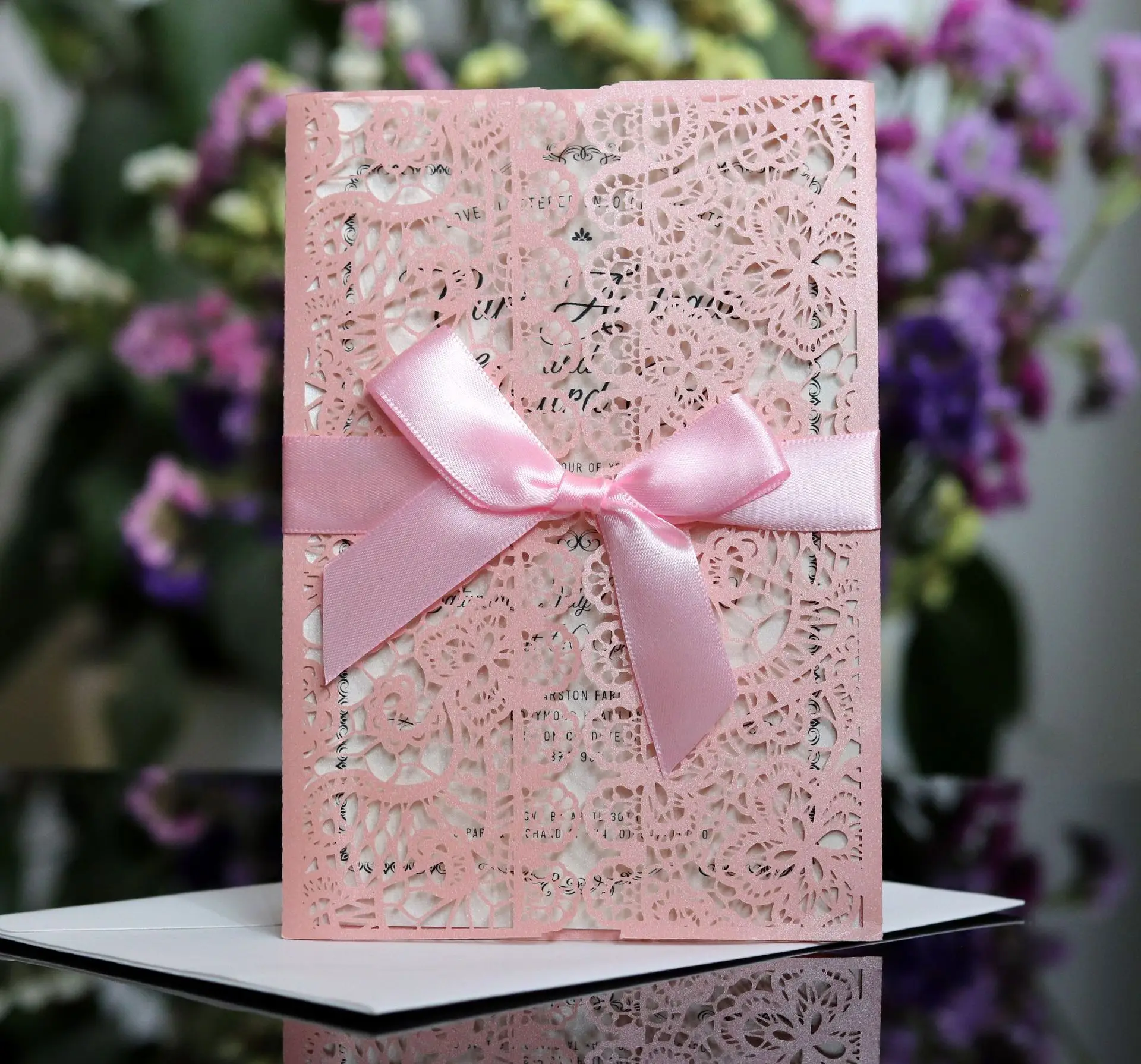  10pcs Luxury Elegant Flora Paper Envelopes Laser Cut Wedding Invitations Card With Ribbon Customize - 4.00027E+12