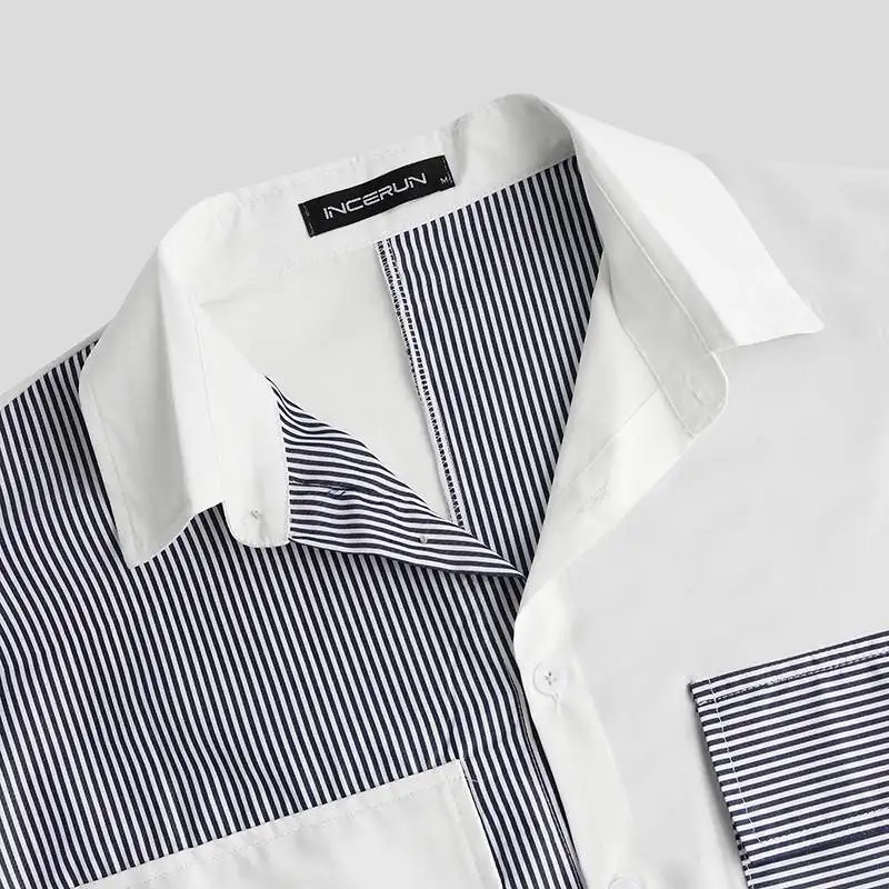 Модная мужская рубашка в полоску из кусков с длинным рукавом, свободная,, Camisa, уличная одежда, с карманами, с отворотом, шикарные повседневные рубашки, мужские S-5XL, INCERUN