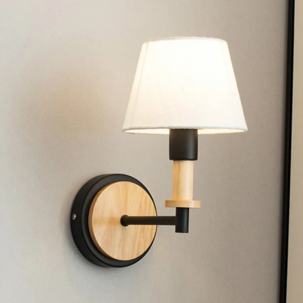 Nordic wood art wall lamp bedside bedroom creative simple modern solid wood aisle led children's room wall lamp LB12067 - Цвет абажура: Black-white cover