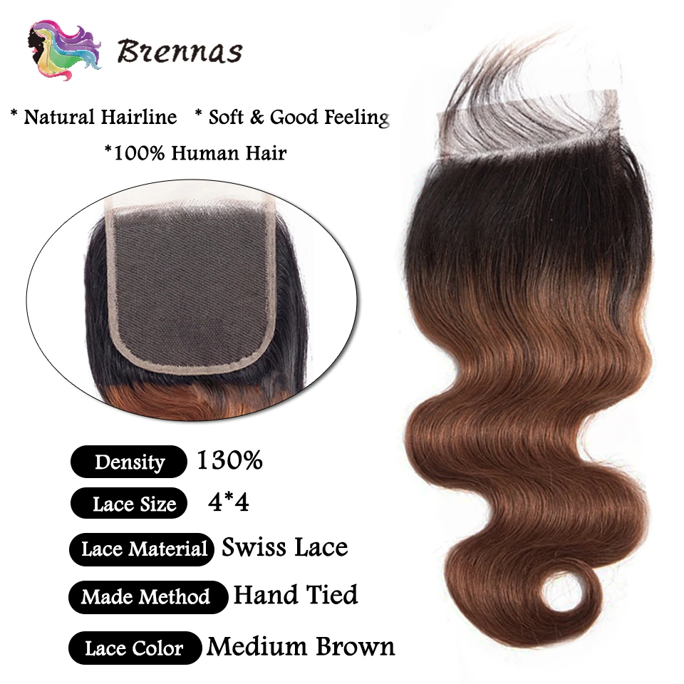 Brennas Body Wave Ombre Hair 3 Bundles Human Hair Bundles With Closure 1b/30 Brazilian 8-26'' Remy Hair Extensions Middle Ratio