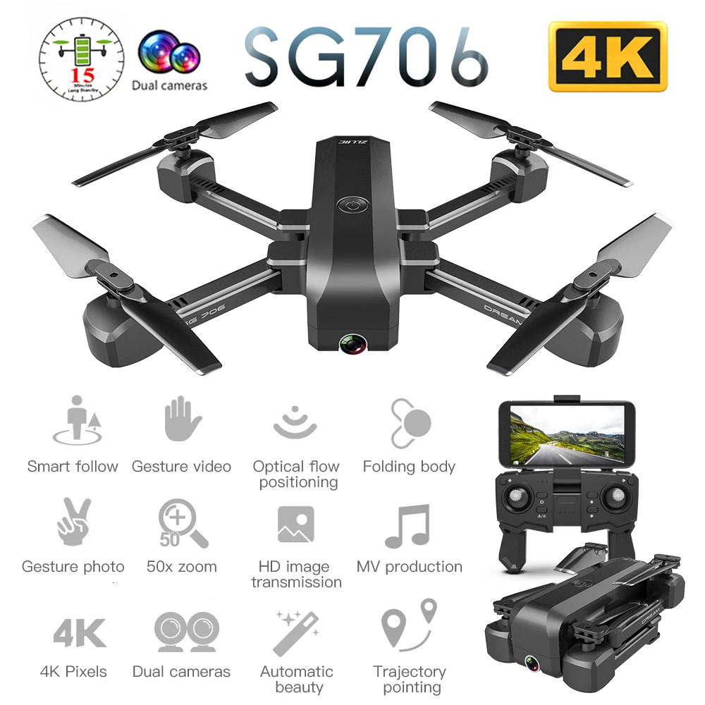 

SG706 Drone 4K HD WiFi FPV Camera Professional Selfie Foldable Quadcopter Stable Height RC Helicopter VS KF607 XS809S XS816 GD89