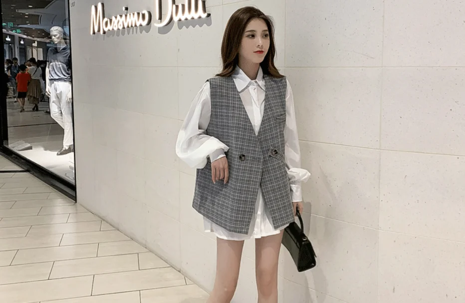 rab coat womens Spring and summer new ladies plaid vest + white shirt two-piece suit black puffer