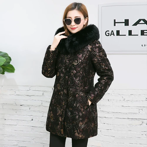 7XL Plus Size Genuine Leather Coat Highstreet Real Fox Fur Collar Hooded Floral Print Sheepskin Long Coats Women Winter Outwear - Цвет: 1