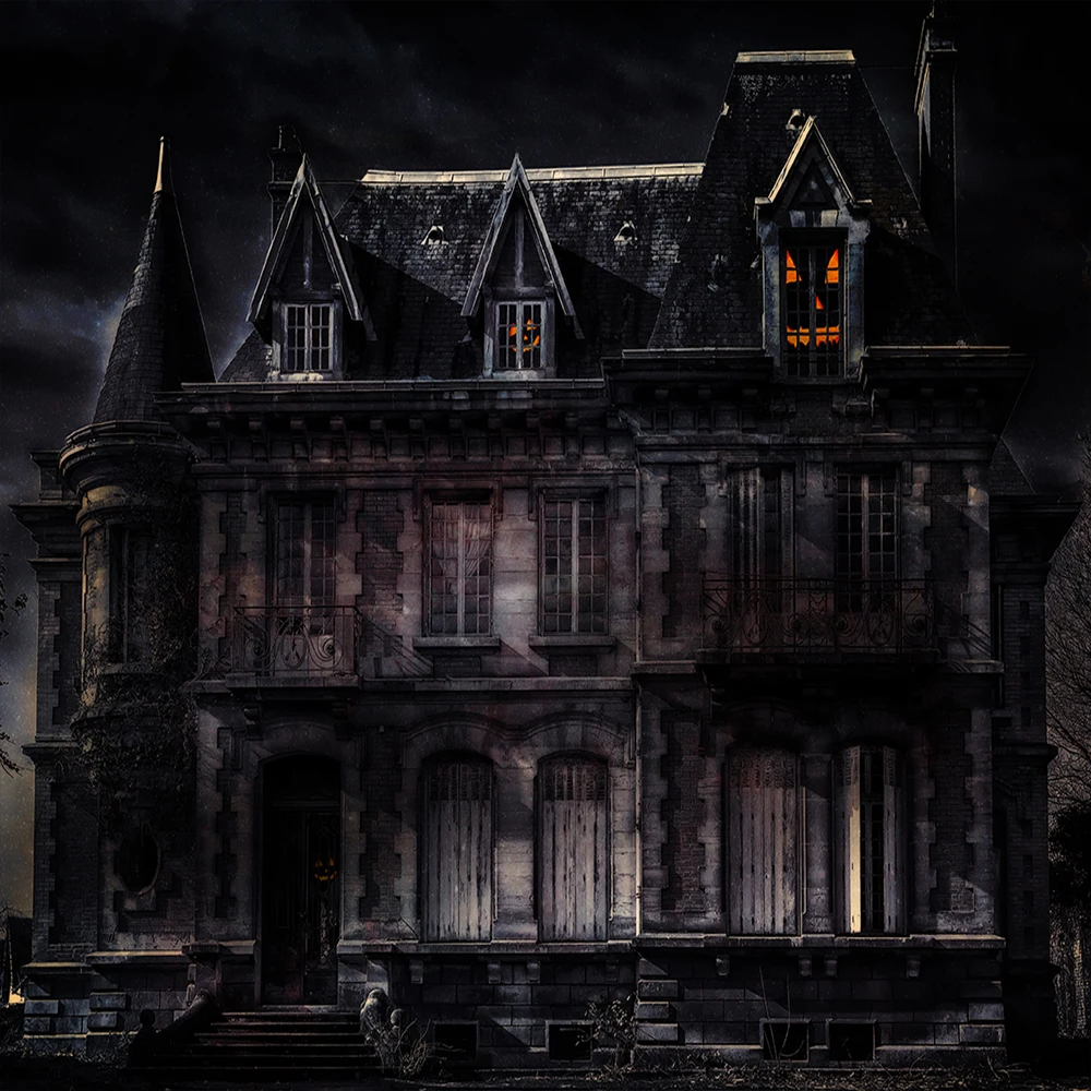 

Halloween photography background Dark and scary castle Pumpkin window backdrop professional photocall studio props