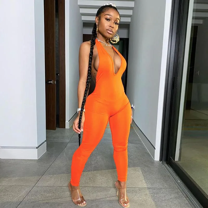 Blackless Women Halter Slim Jumpsuit Wout Out Skinny Fitness Rompers V-neck Letters Embroidery Sleeveless Elastic Summer Outwear