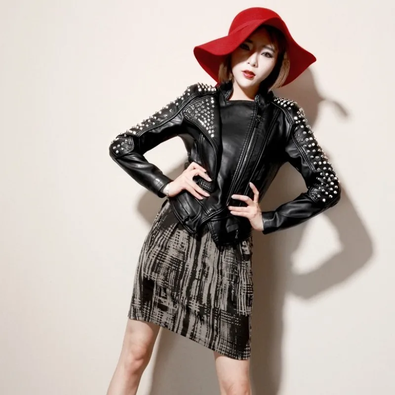 Women Short Studded PU Leather Jacket Rock Slim Fit Rivet Jackets Female Punk Motor Biker Faux Leather Coat Women Party Clubwear