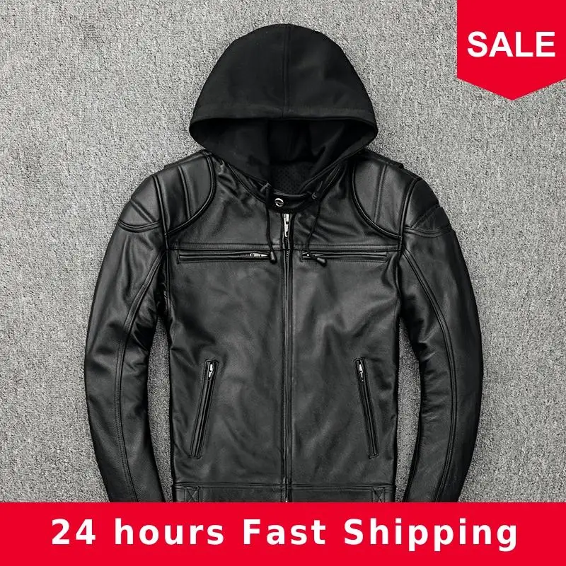 

2020 Black Men American Style Hood Motorcycle Leather Jacket Plus Size 5XL Genuine Cowhide Autumn Slim Fit Biker's Leather Coat