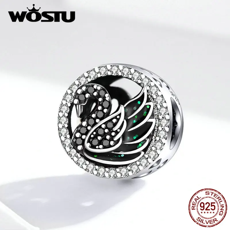 WOSTU, Новое поступление, Черный лебедь из бусин, 925 пробы, серебро, циркон, круглые подвески, подходят к оригинальному браслету, кулон, ювелирное изделие, FIC1342