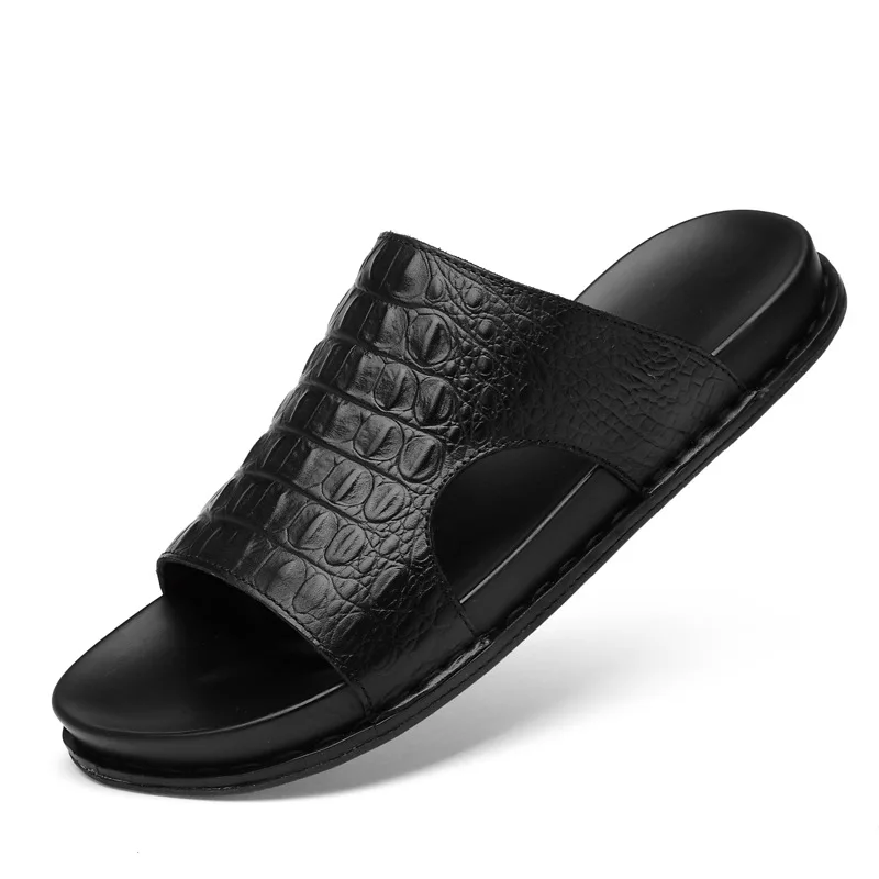 

Summer Slides Men Slippers Genuine Leather Crocodile Pattern Printed Peep-Toe Casual Men Slippers Fashion