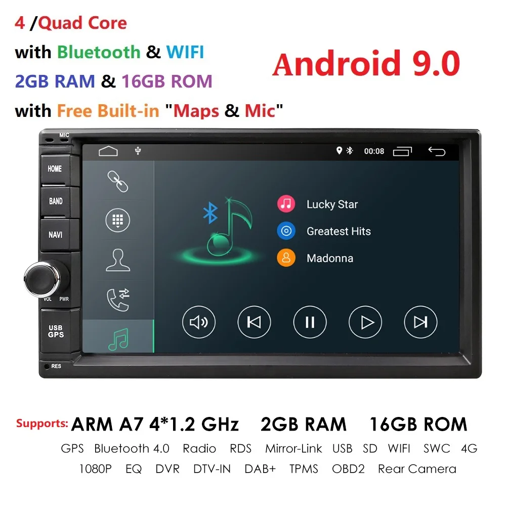 

2 Din Car Radio Android 9.0 Universal GPS Navigation Bluetooth Touchscreen Wifi Car Audio Stereo FM USB Car Multimedia MP5 4G PC
