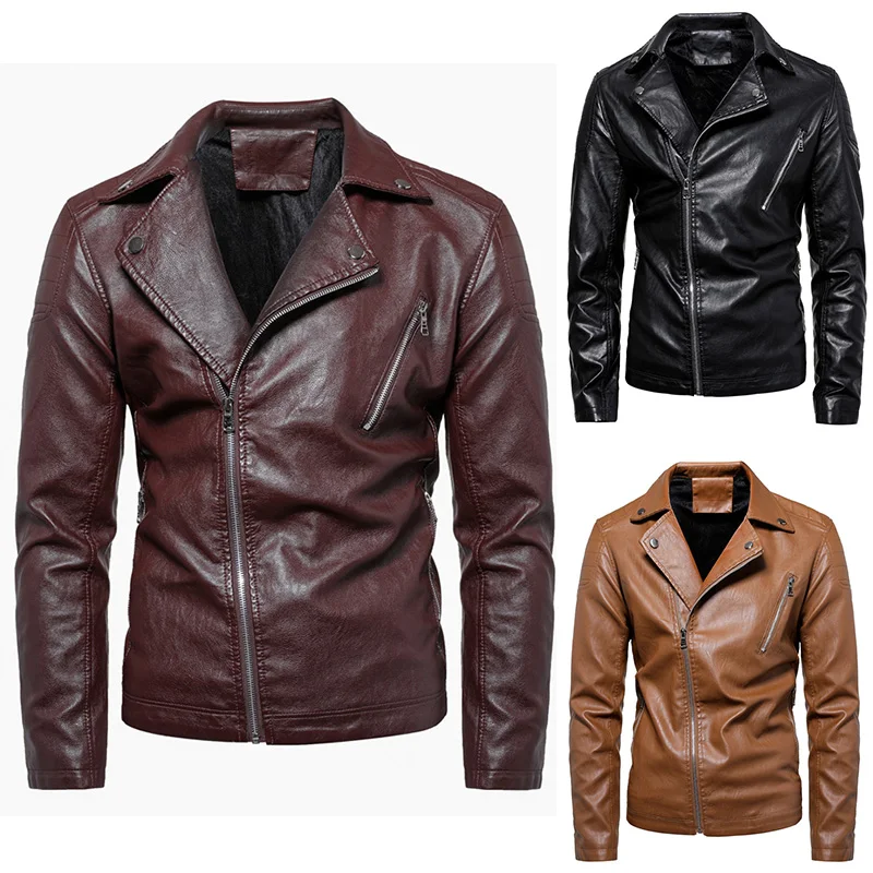 Мужская куртка, осенняя, одноцветная, с отворотом, на молнии, ПУ, мотоциклетная куртка, с длинным рукавом, теплое пальто, для отдыха, мужская, крутая, Байкерская, кожаная куртка