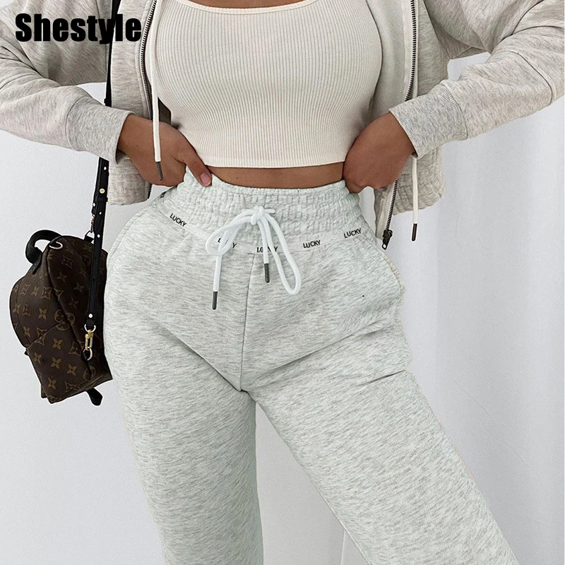 

Shestyle Drawstring Jogger Pants Women Letter Printed Casual Loose Gray LUCKY Plain Autumn Streetwear Trackpant Trousers