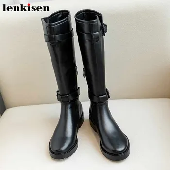 

Lenkisen unique handsome buckle straps motorcycles boots cow leather round toe winter keep warm women zip thigh high boots L23