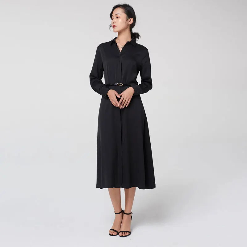

A-Line Simple Black Long Sleeves Silk Frenulum Women Dress Spring Summer Mid-Length 100% Silk Luxurious Dress