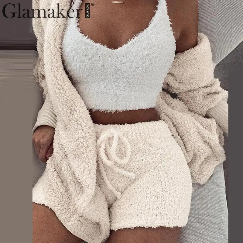 

Glamaker Solid knitted two piece set short playsuit Women winter soft warm bodycon romper Female autumn sexy playsuit overalls