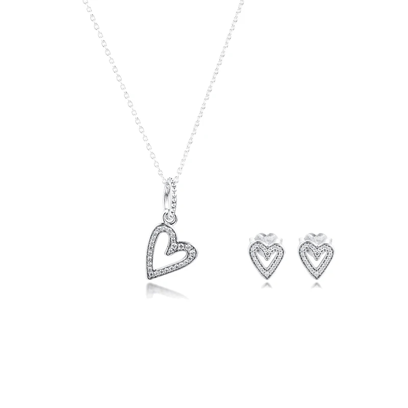 

S925 Original Sterling Silver Jewelry Sets Sparkling Freehand Heart Necklace Stud Earrings for Women Party Gift brincos collier