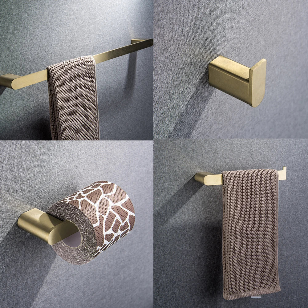 Brushed Gold Stainless Steel Bathroom Hardware Set Towel Hook Toilet Paper Holder