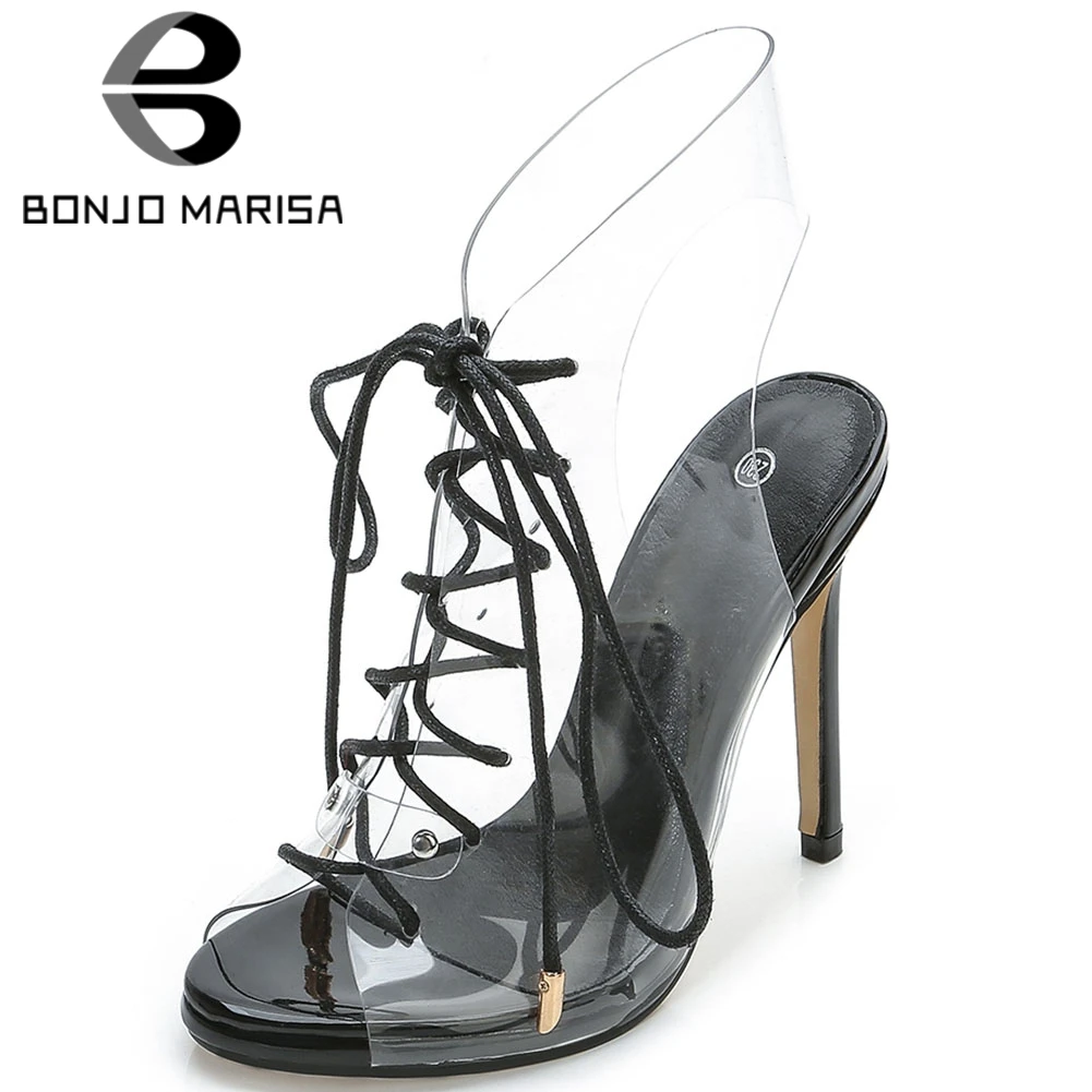 

BONJOMARISA New Ladies Summer Street Fashion PVC Sandals Cool lace-up Transparent Gladiator Sandals Women High Heels Shoes Woman