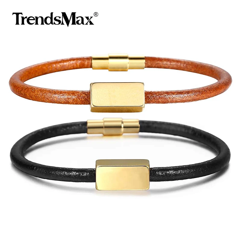 Кожаный браслет с гравировкой Trendsmax коричневый черный простая Магнитная